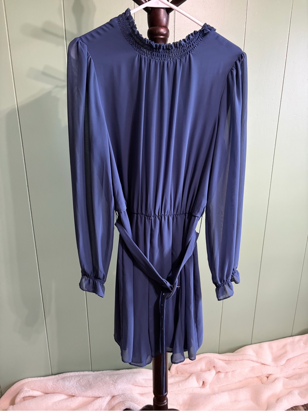 Nine West Navy Smocked Waist Chiffon Dress